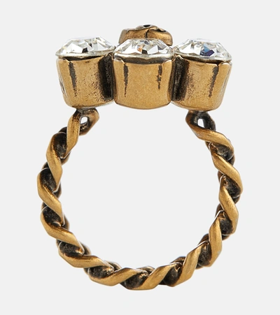 Shop Gucci Double G Floral Embellished Ring In Gold