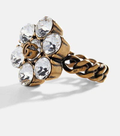 Shop Gucci Double G Floral Embellished Ring In Gold