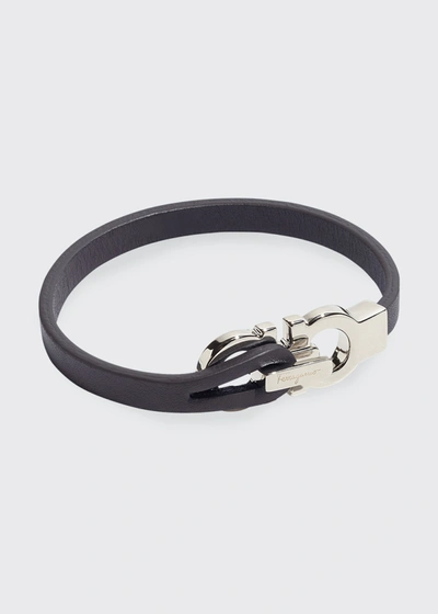 Shop Ferragamo Men's Leather Bracelet With Gancini Clasp In Black