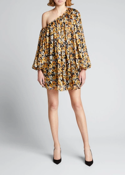Shop Saint Laurent Floral One-shoulder Silk Mini Dress In Mauve