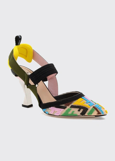Shop Fendi 85mm Ff Embellished Slingback High-heel Pumps In Nude Multicolor