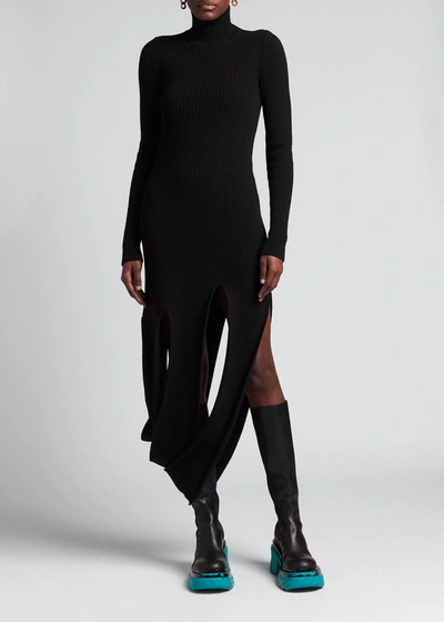 Shop Bottega Veneta Ribbed Turtleneck Cutout Midi Dress In Black