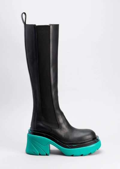 Shop Bottega Veneta Calfskin Contrast-sole Military Knee Boots In Neroargill