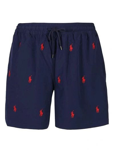 Shop Polo Ralph Lauren Logo Embroidered Swimming Trunks In Blue