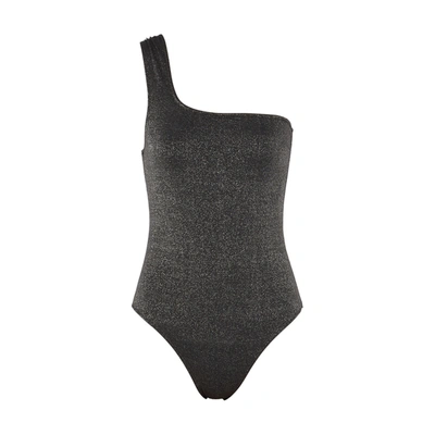 Shop Ganni Black One-shoulder Metallic-weave Swimsuit