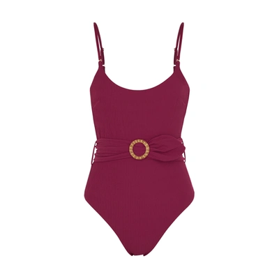 Shop Zimmermann Mae Burgundy Belted Swimsuit In Red