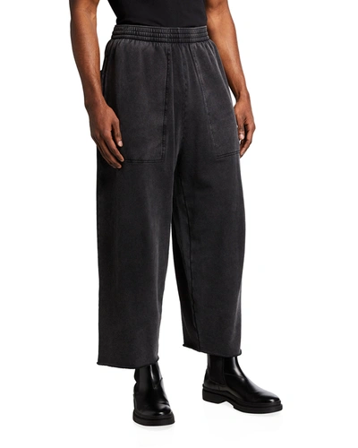 Shop Balenciaga Men's Faded Cotton Terry Raw-hem Cropped Sweatpants In Noir