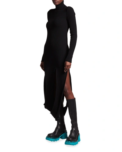 Shop Bottega Veneta Ribbed Turtleneck Cutout Midi Dress In Black