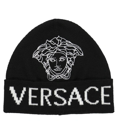 Shop Versace Logo Jacquard Wool Beanie In 黑色