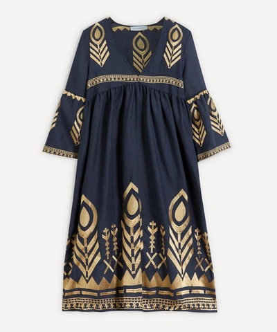 Shop Kori Feather Embroidered Midi-dress In Navy Gold