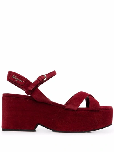 Shop Ferragamo Strappy Platform Block-heel Sandals In 红色