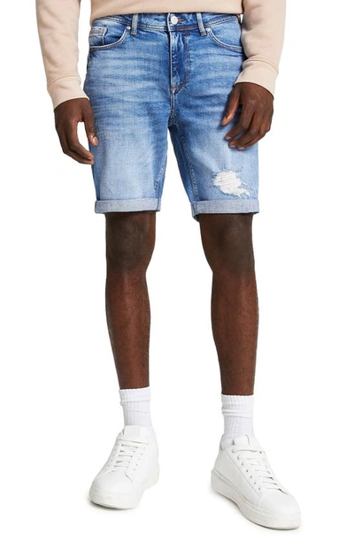 Shop River Island Fargo Skinny Fit Ripped Denim Shorts In Medium Blue