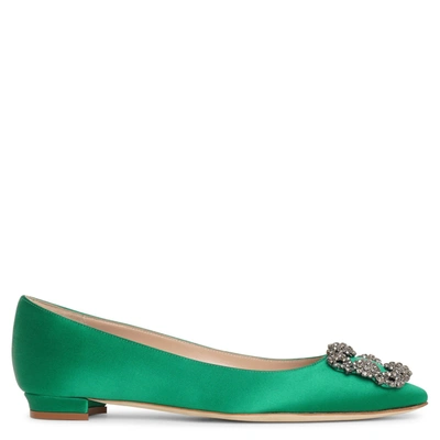 Shop Manolo Blahnik Hangisi Flat Emerald Satin Ballerinas