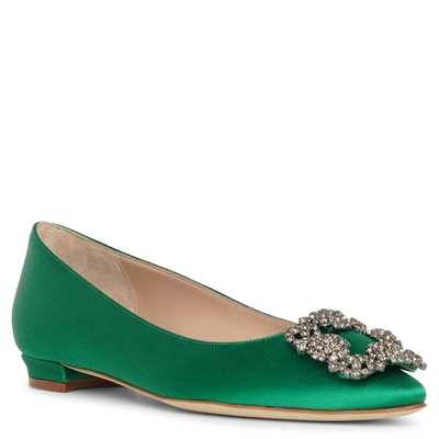 Shop Manolo Blahnik Hangisi Flat Emerald Satin Ballerinas