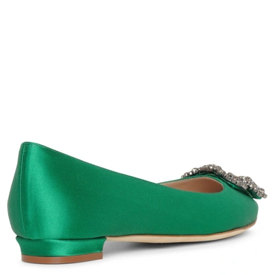 Shop Manolo Blahnik Hangisi Flat Emerald Satin Ballerinas