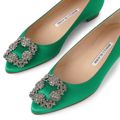 Shop Manolo Blahnik Hangisi Flat Emerald Satin Ballerinas