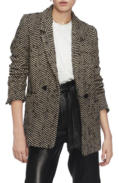 Shop Anine Bing Fishbone Double Breasted Blazer In Cream And Black