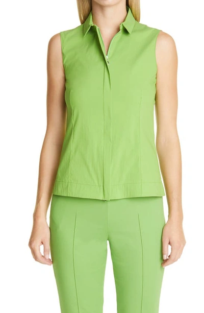 Shop Akris Zip Front Sleeveless Stretch Cotton Top In Pure Green