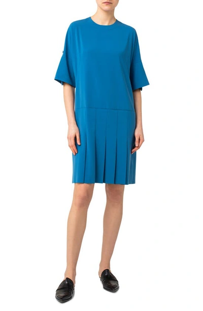Shop Akris Punto Pleat Crepe Shift Dress In Blue Denim
