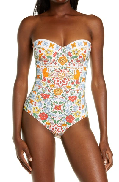 Floral Print Strapless Underwire One piece Swimsuit In Beige Cat