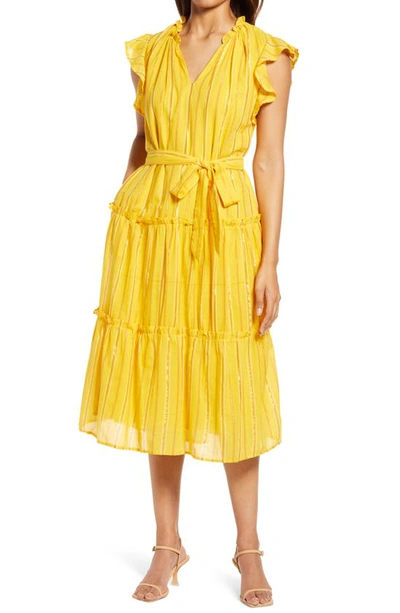 Shop Adelyn Rae Metallic Stripe Ruffle Sleeve Midi Dress In Yellow