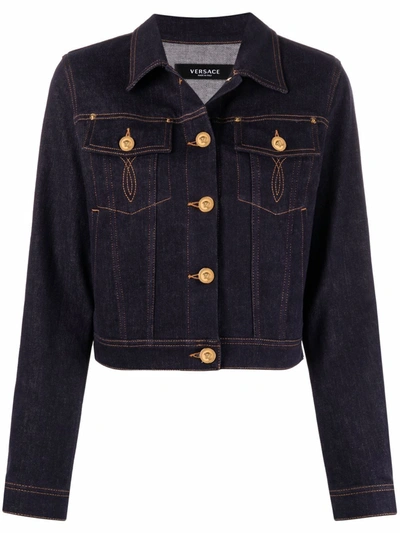 Shop Versace Contrast-stitch Denim Jacket In Blue