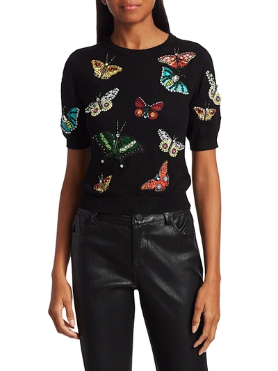 Shop Alice And Olivia Ciara Butterfly Embroidery Stretch-wool Pullover In Black Multi