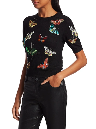 Shop Alice And Olivia Ciara Butterfly Embroidery Stretch-wool Pullover In Black Multi