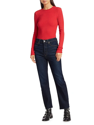 Shop Re/done Women's '60s Long-sleeve Rib-knit Bodysuit In Red Orange