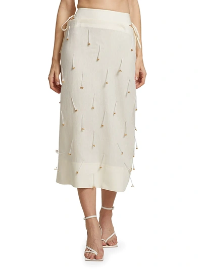 Shop Jacquemus Bead Linen Skirt In Ecru Embroidered