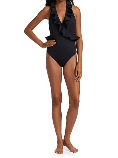 Shop Zimmermann Cassia Frill Wrap One-piece Swimsuit In Noir