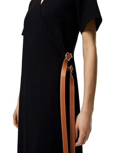 Shop Loewe Leather-strap Wool-blend Wrap Dress In Black