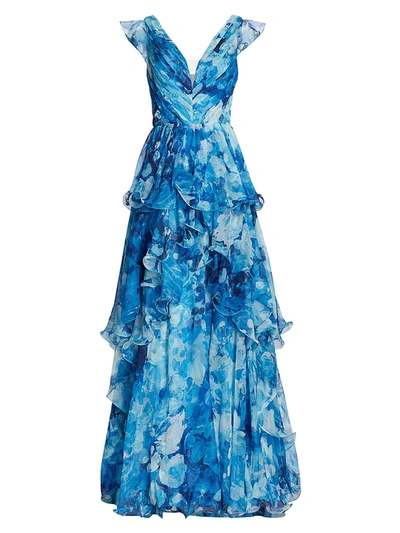 Shop Marchesa Notte Ruffle Maxi Dress In Blue Multi