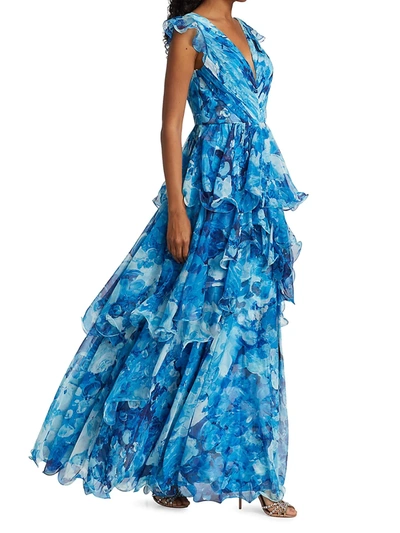 Shop Marchesa Notte Ruffle Maxi Dress In Blue Multi