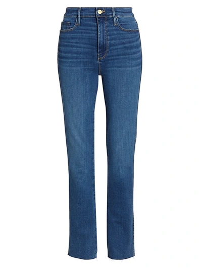 Shop Frame Le Sylvie Cropped Raw-edge Jeans In Decades Blue