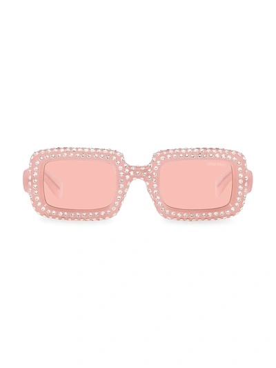 Shop Miu Miu 47mm Rectangle Crystal-embellished Sunglasses In Opal Pink