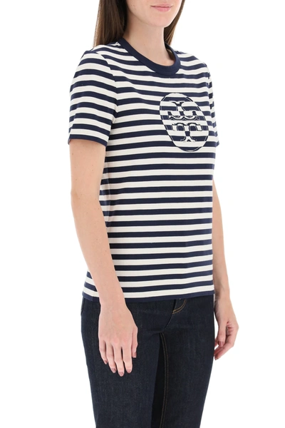 Shop Tory Burch Striped T-shirt With Double T Application In Blue,white