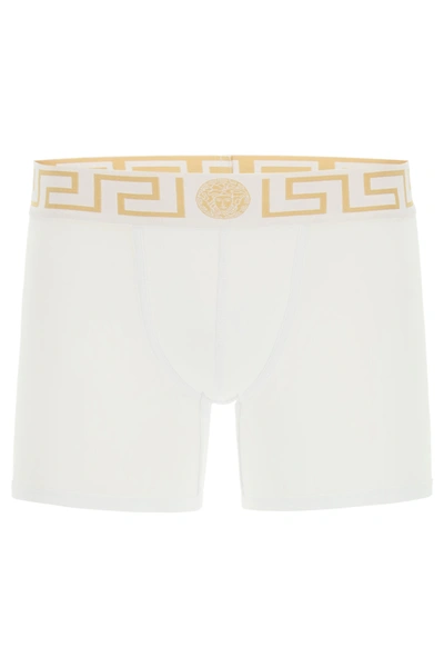 Shop Versace Bi-pack Underwear Greca Border Trunks In White,gold