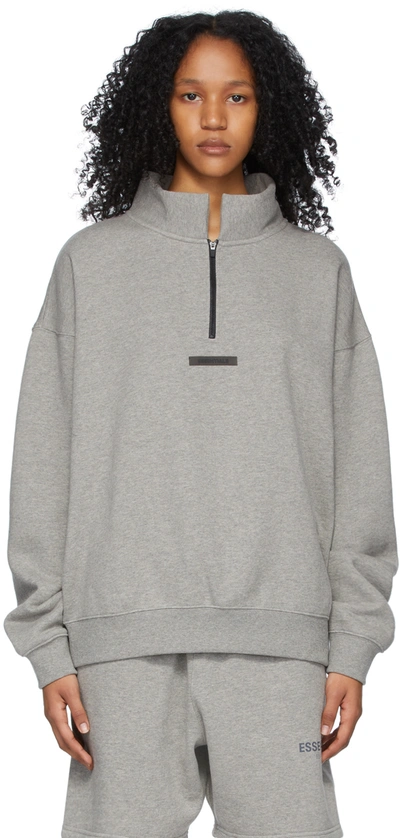 Essentials Grey Mock Neck Half-zip Sweatshirt In Heather Oatmeal | ModeSens