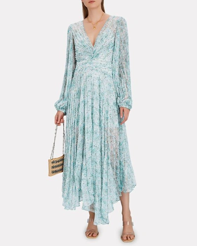 Shop Acler Astone Pleated Floral Chiffon Midi Dress In Blue