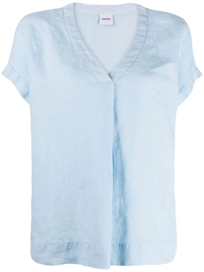 Shop Aspesi V-neck Short-sleeve Linen T-shirt In Blue