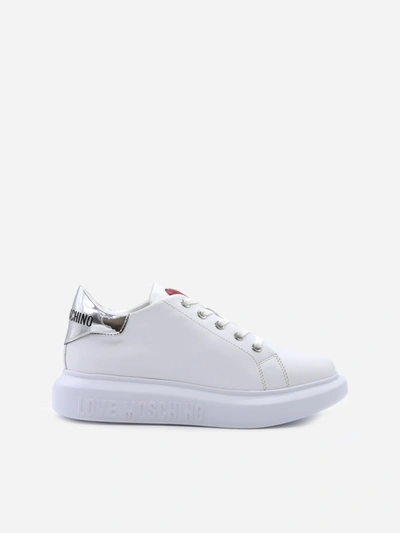 Shop Love Moschino Leather Sneakers With Contrasting Heel Tab In White