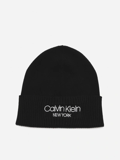 Calvin Klein Cotton Beanie Hat With Contrasting Logo In Black | ModeSens