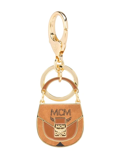 Shop Mcm Engraved-logo Polished-finish Keychain  In Gold