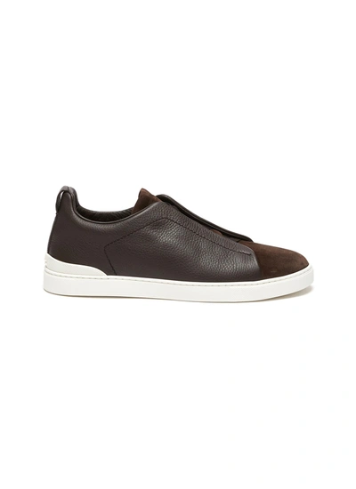 Shop Ermenegildo Zegna Triple Stitch Lace Leather Suede Slip-on Sneakers In Brown