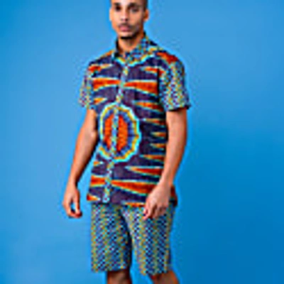 Ohema Ohene Blue Men's Short Sleeve Mixed African Print Shirt In Print
