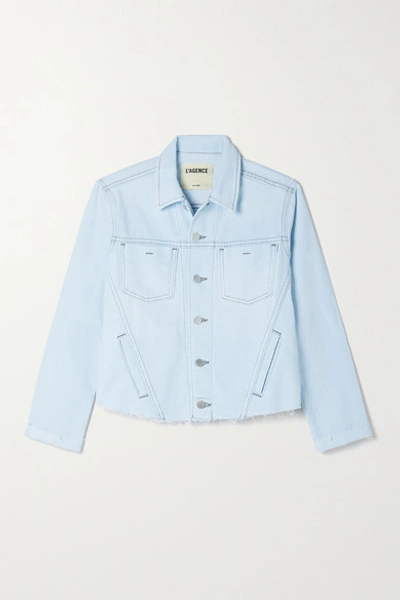 Shop L Agence Janelle Cropped Frayed Stretch-denim Jacket In Blue