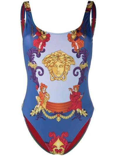Shop Versace Medusa Renaissance-print Swimsuit In Blue