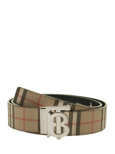 Shop Burberry Tb 40 Plaque Rvs - Reversible Belt With Vintage Check And Monogram Pattern In Archive Beige/black