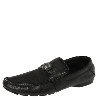 Pre-owned Versace Black Leather Medusa Embellished Slip On Loafers 43